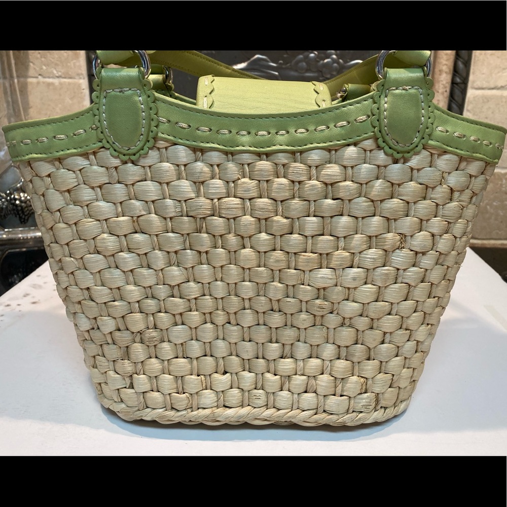 Brighton Straw Purse w/Green Leather Trim + Multi-Color Textured Leather Flowers - Picture 7 of 14